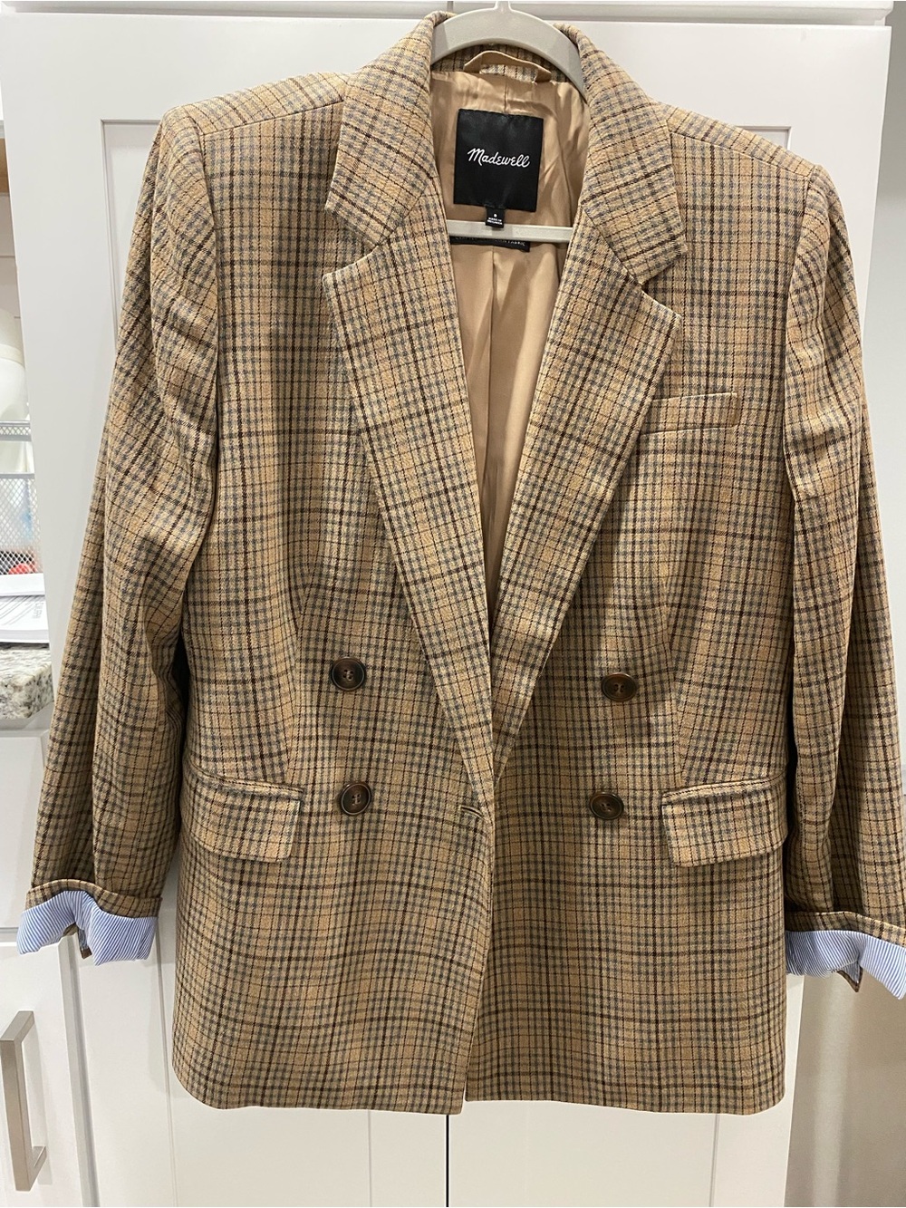 Madewell Tan and Brown Plaid Double-Breasted Blazer